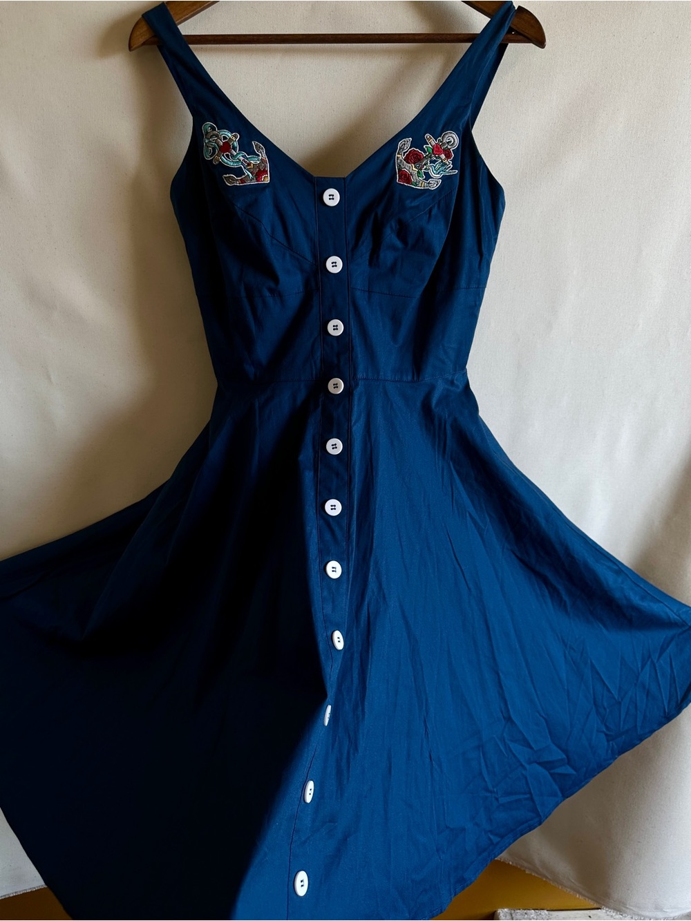 Hell Bunny Nautical Anchor Rose Embroidered Swing Dress S